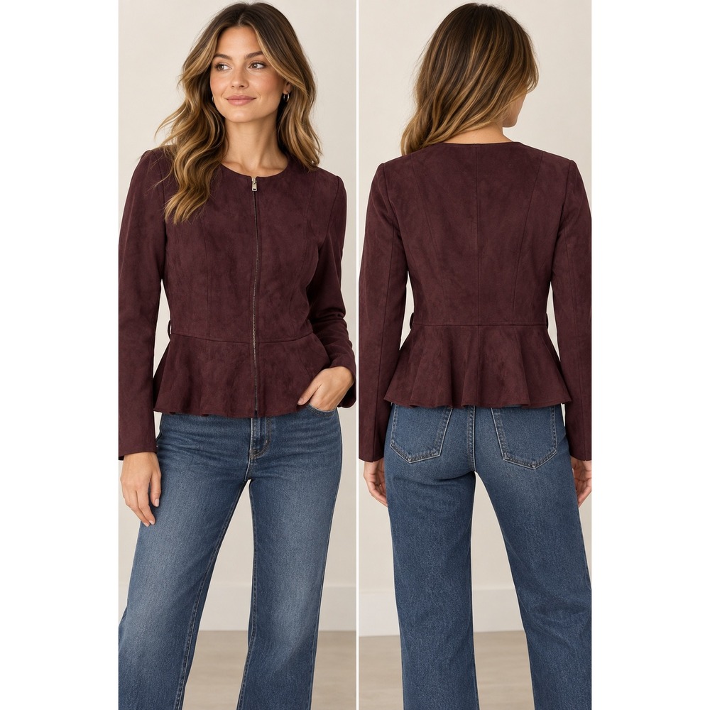 NWT Commense Womens Vegan Suede Peplum Zip Front Jacket Medium Burgundy
